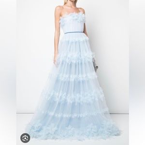 Marchesa Notte ruffle tulle gown light blue